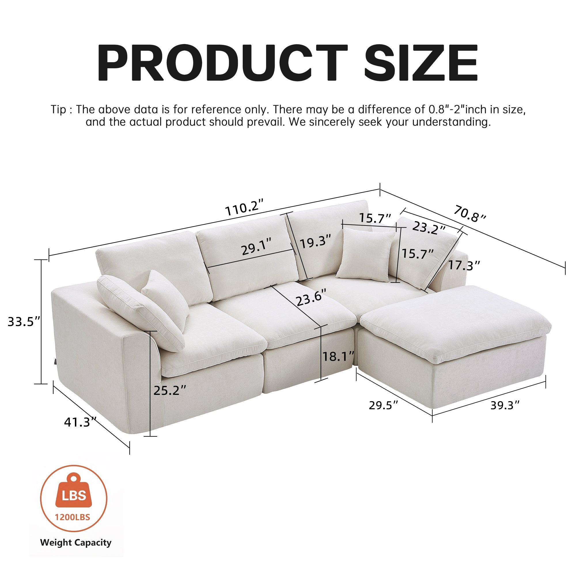 Dimensions of L-Shaped Sectional Sofa with Chaise Lounge, showing detailed measurements and 1200 lbs weight capacity for living room use.