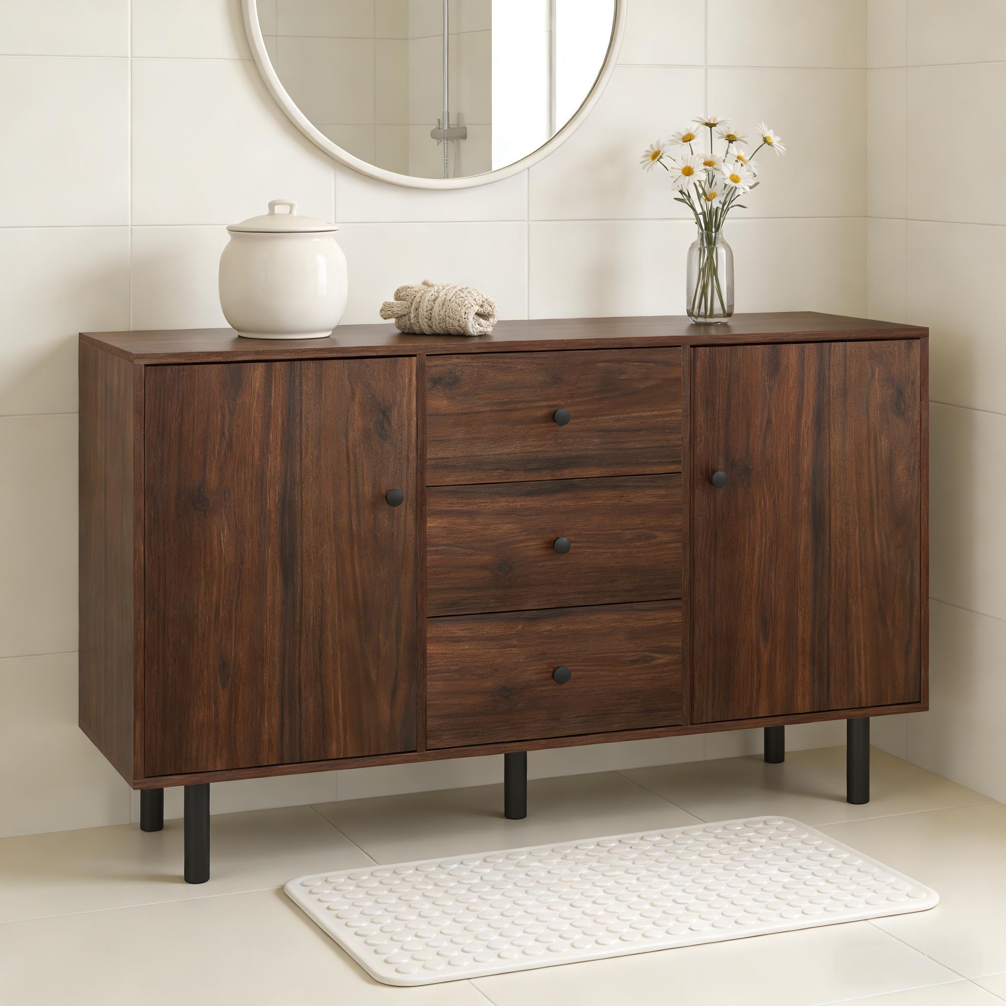 Mid-century modern dark wood console sideboard with three center drawers, two side cabinets, and sleek black metal legs.