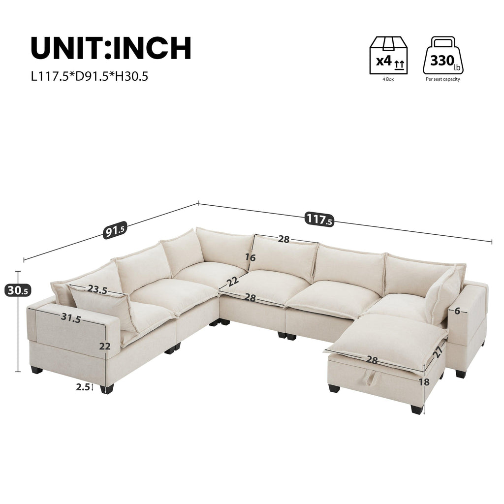 117.5'' Modular Sectional Sofa with Movable Storage Ottoman.