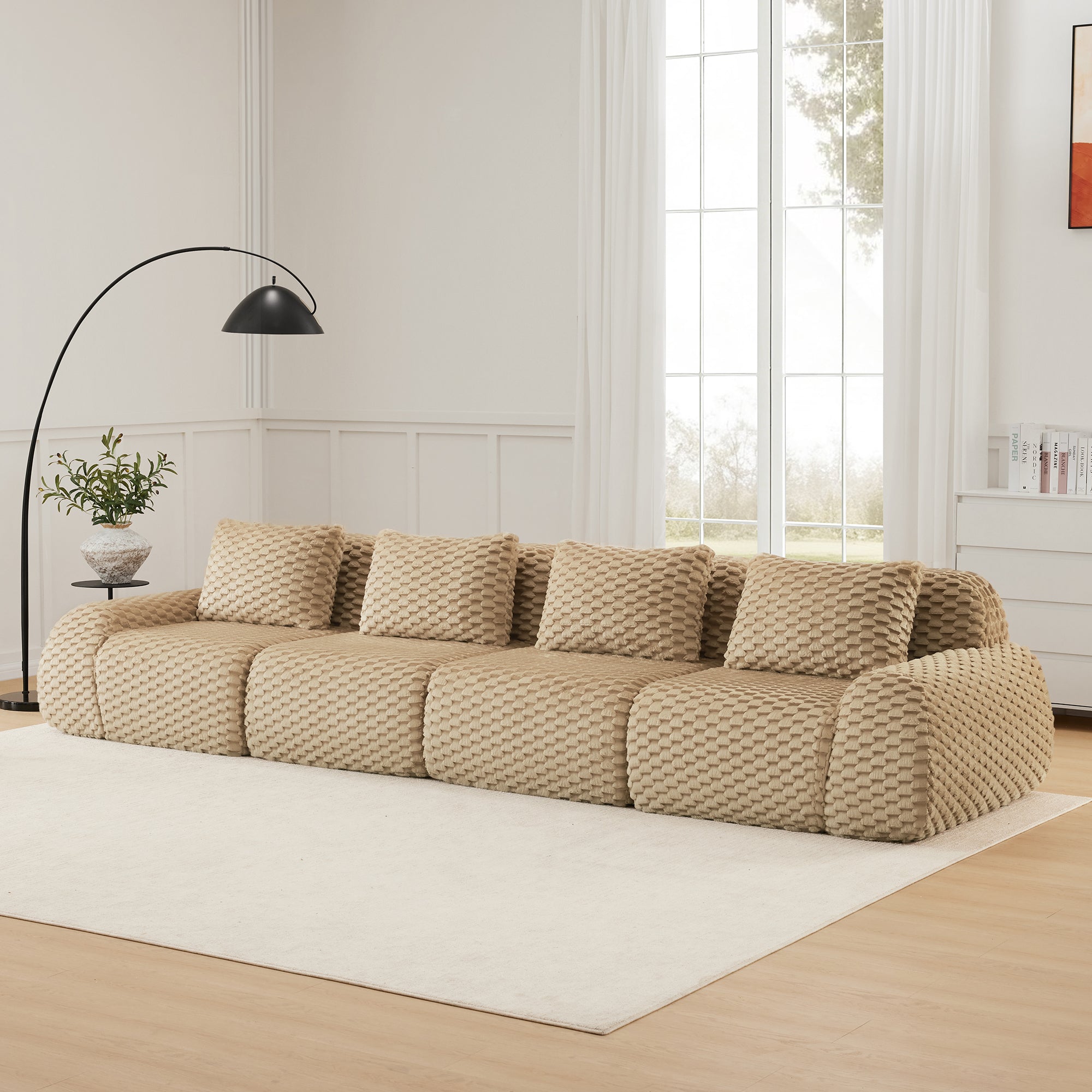 Five-seat modern modular sectional sofa in textured flannelette fabric, designed for ergonomic comfort and stylish home interiors.