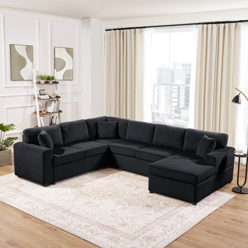 Oversized Sectional Sofa 115.3' U-Shaped Sofa with Chaise Lounge and Three Soft Throw Pillows, Black Corduroy Fabric.