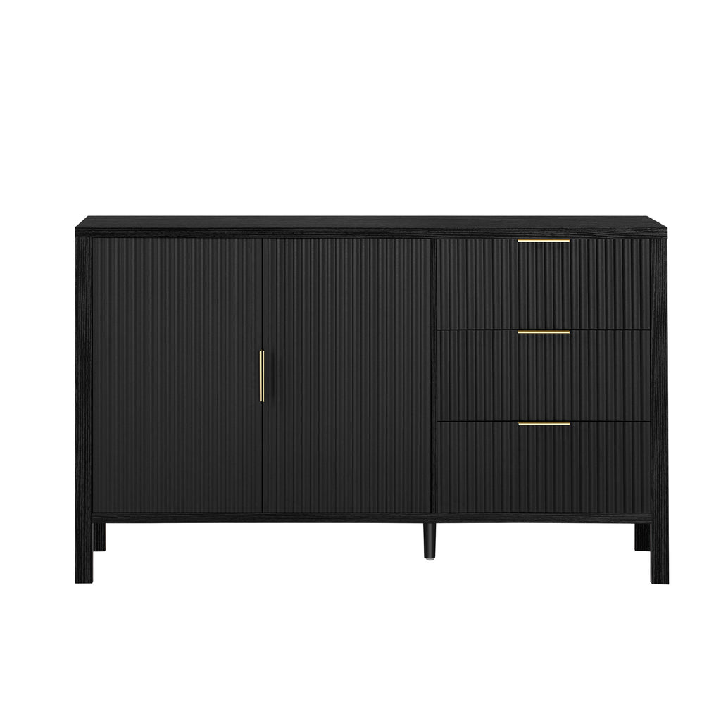 Front view of modern wave-pattern sideboard with closed doors and drawers, showcasing sleek black finish and gold hardware.