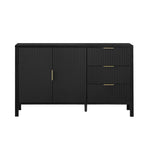 Front view of modern wave-pattern sideboard with closed doors and drawers, showcasing sleek black finish and gold hardware.