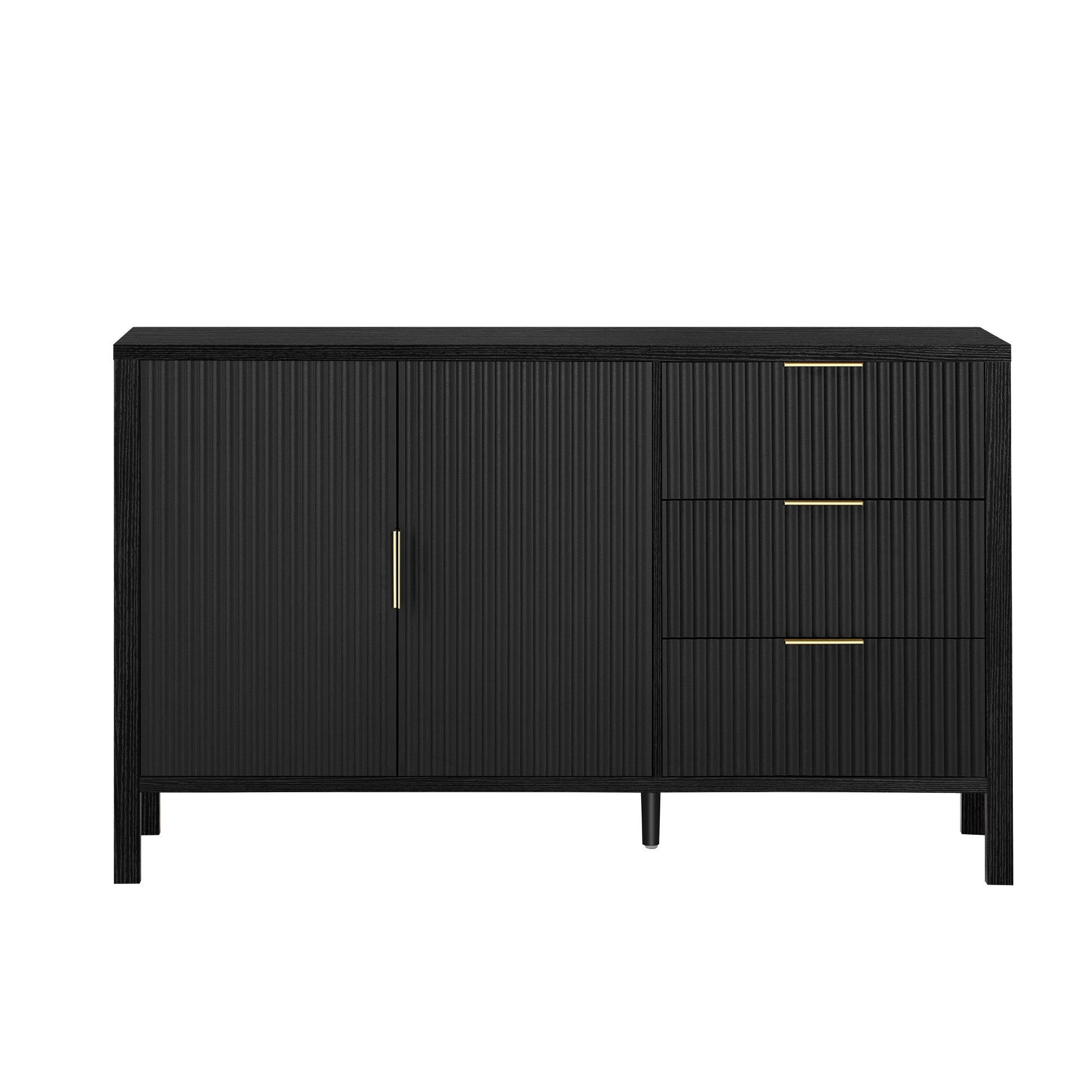 Front view of modern wave-pattern sideboard with closed doors and drawers, showcasing sleek black finish and gold hardware.
