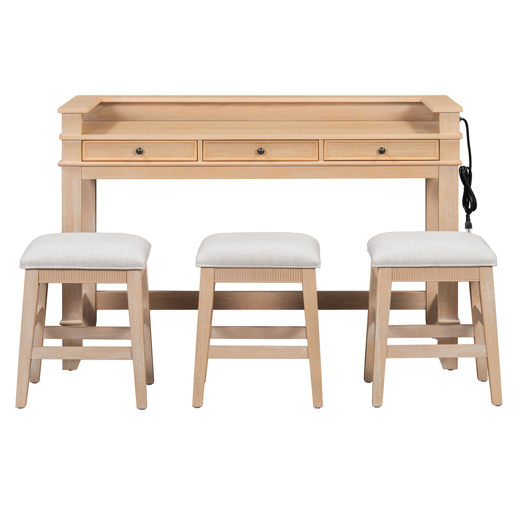 TREXM 4-Piece Dining Table Set for 3, Retro Kitchen Table and Chairs Set with 3 Storage Drawers, Ideal for Small Spaces (Natural)