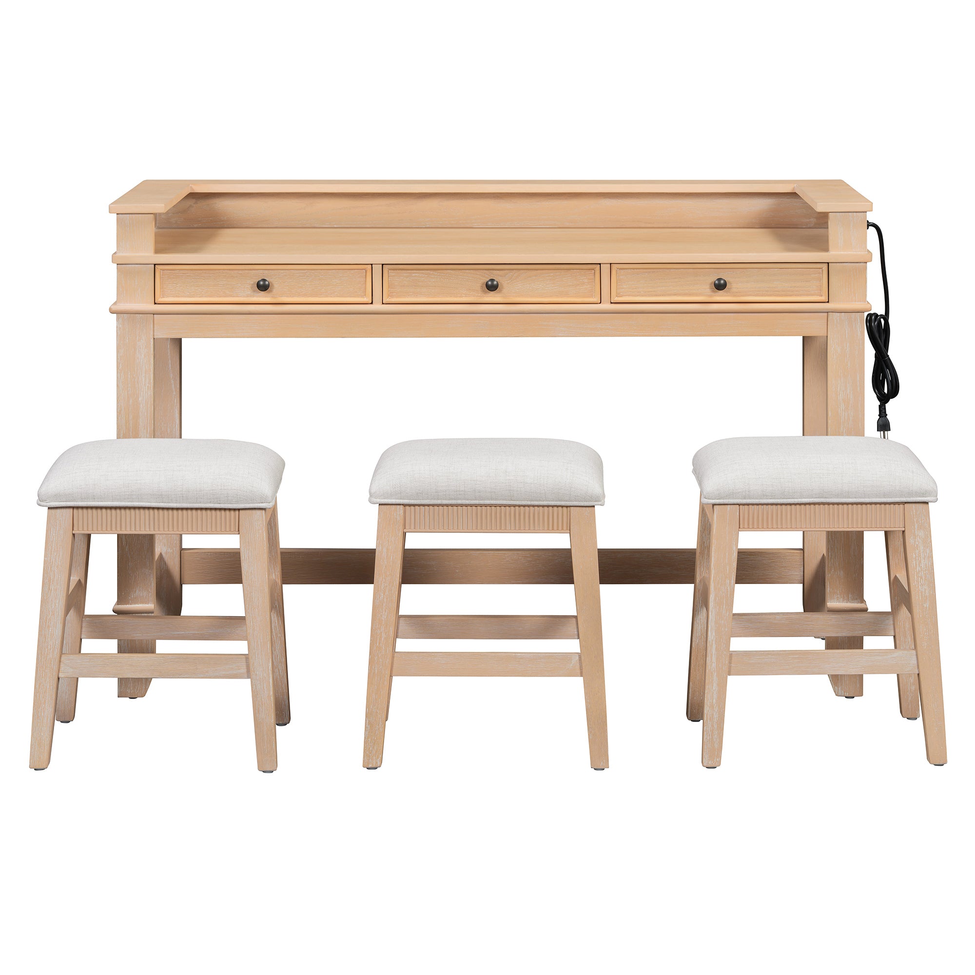 TREXM 4-Piece Dining Table Set for 3, Retro Kitchen Table and Chairs Set with 3 Storage Drawers, Ideal for Small Spaces (Natural)