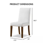 Product dimensions of rustic upholstered dining chair, measuring 38.5 inches tall, 24 inches deep, and 17.5 inches wide.