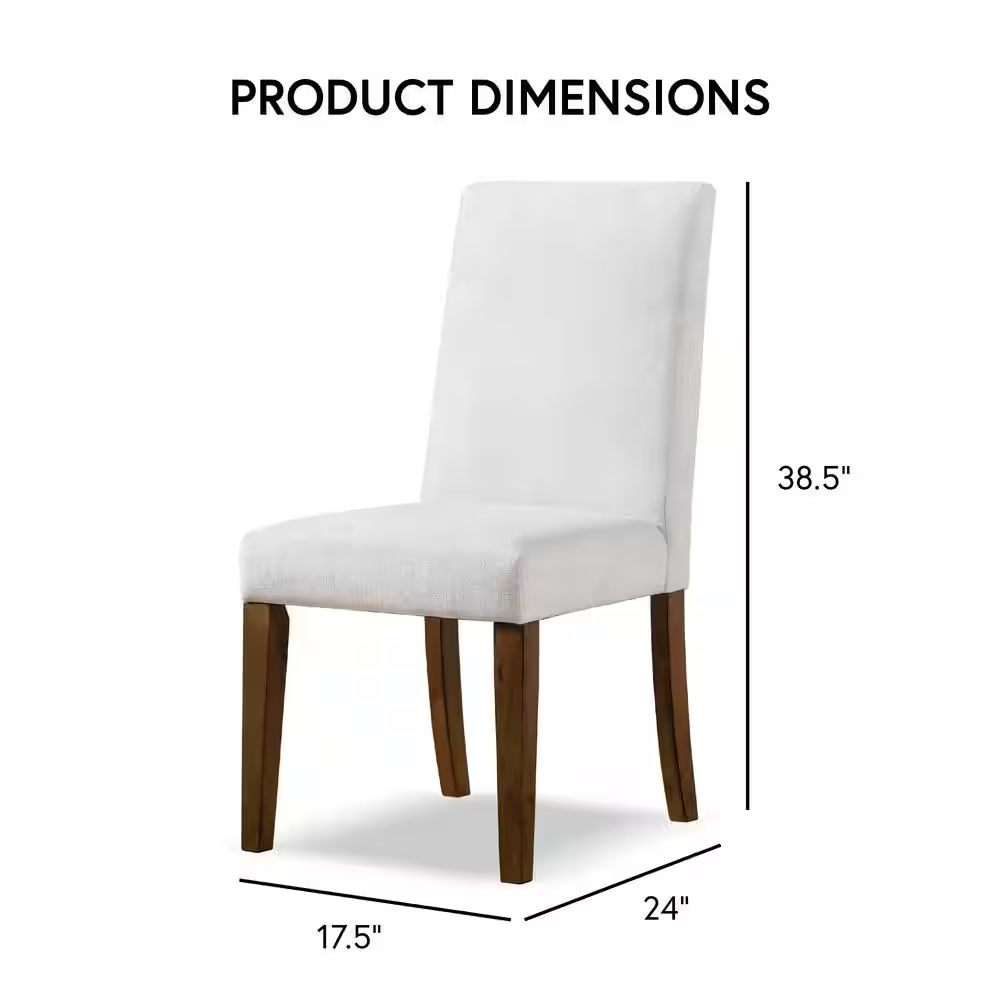 Product dimensions of rustic upholstered dining chair, measuring 38.5 inches tall, 24 inches deep, and 17.5 inches wide.
