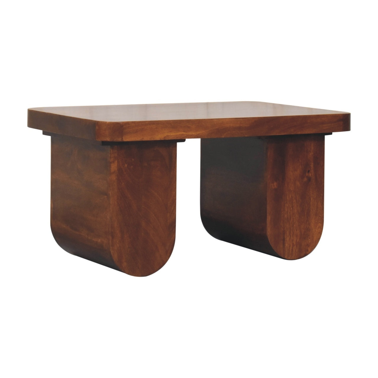 Solid wood coffee table with chunky design and curved legs, crafted from mango wood with a rich chestnut finish.