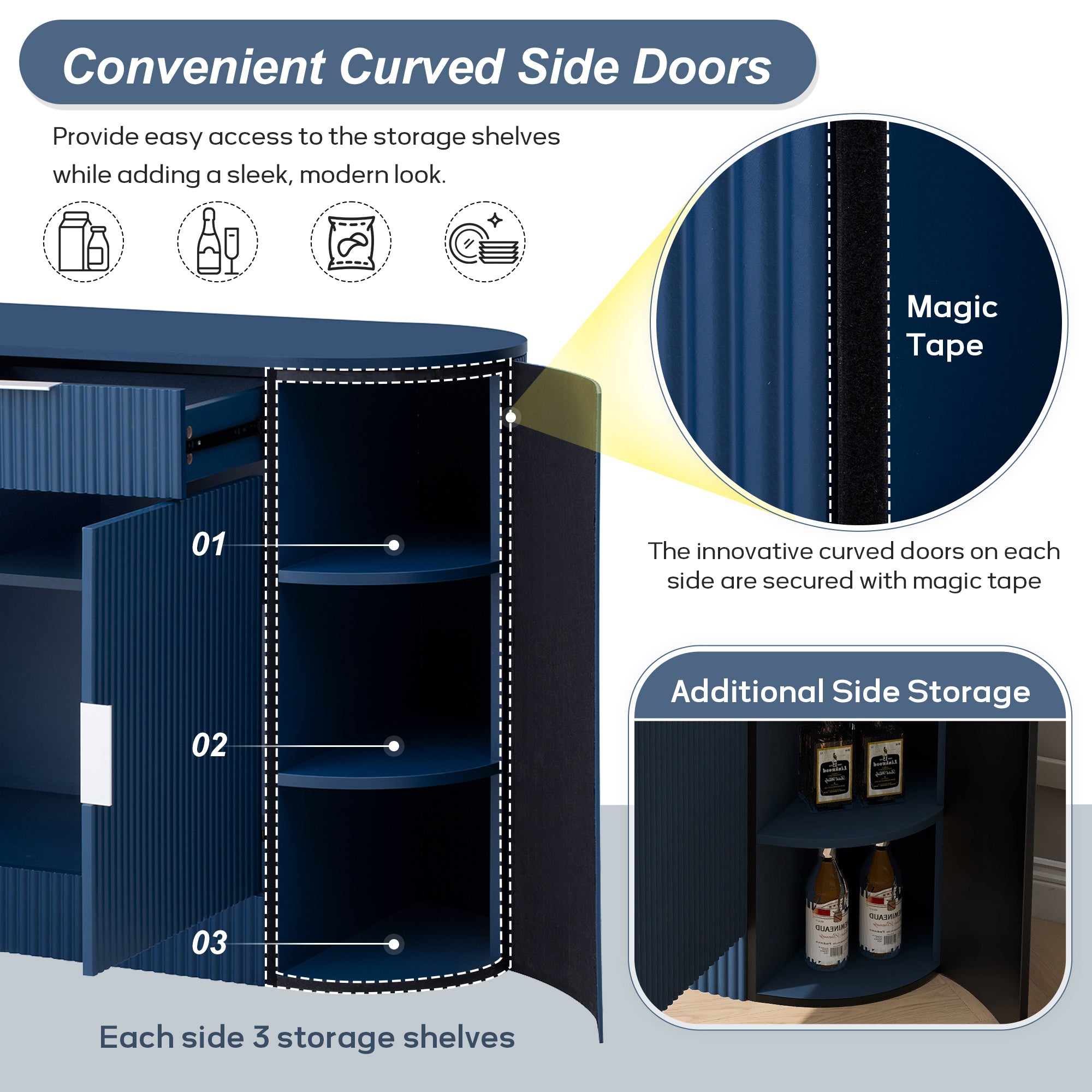 Close-up of curved side doors with magic tape on modern MDF storage cabinet, revealing three side shelves for extra storage.