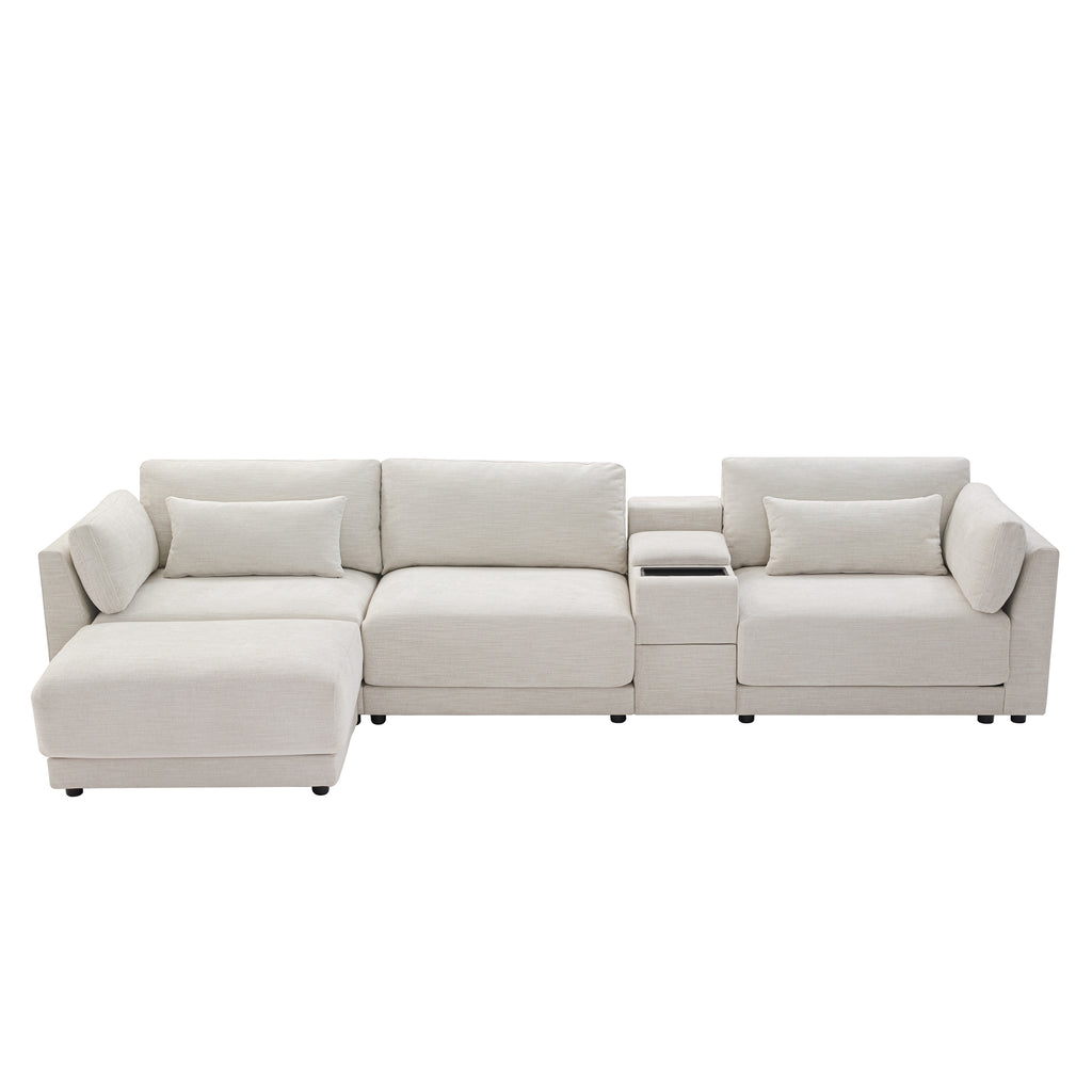 L-Shaped sectional sofa with modular design and center console, offering storage and charging in a modern, minimalist layout.