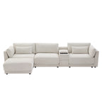 L-Shaped sectional sofa with modular design and center console, offering storage and charging in a modern, minimalist layout.