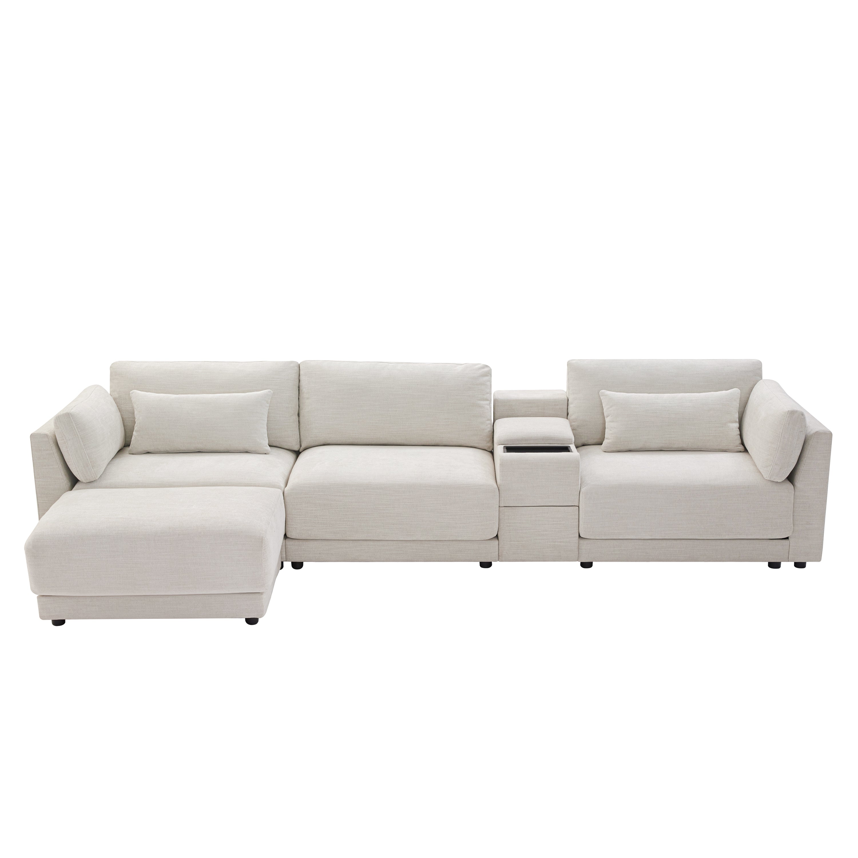 L-Shaped sectional sofa with modular design and center console, offering storage and charging in a modern, minimalist layout.