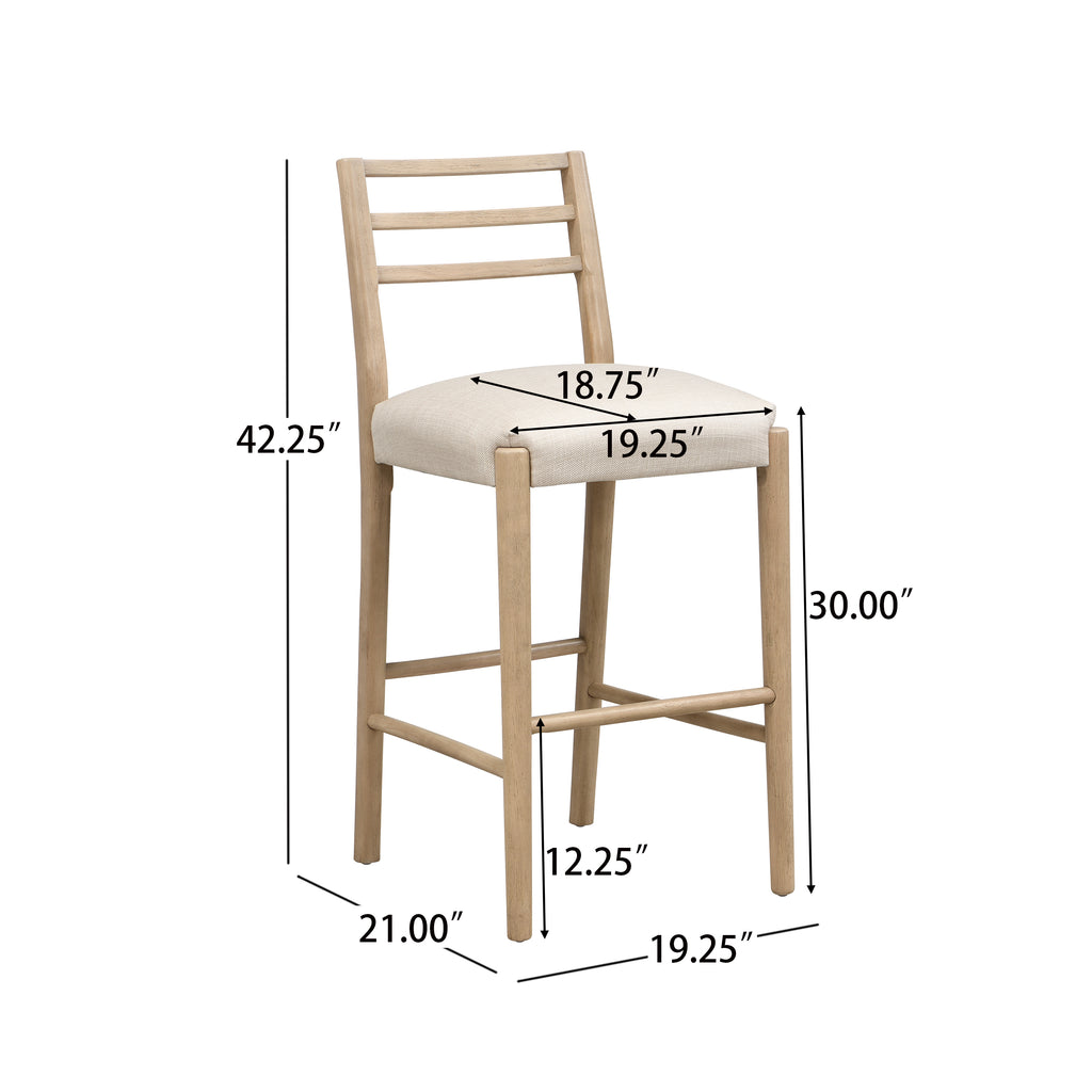 Dimension diagram of Ladder Back Bar Stool with measurements for height, width, and depth, ideal for planning dining space layout.