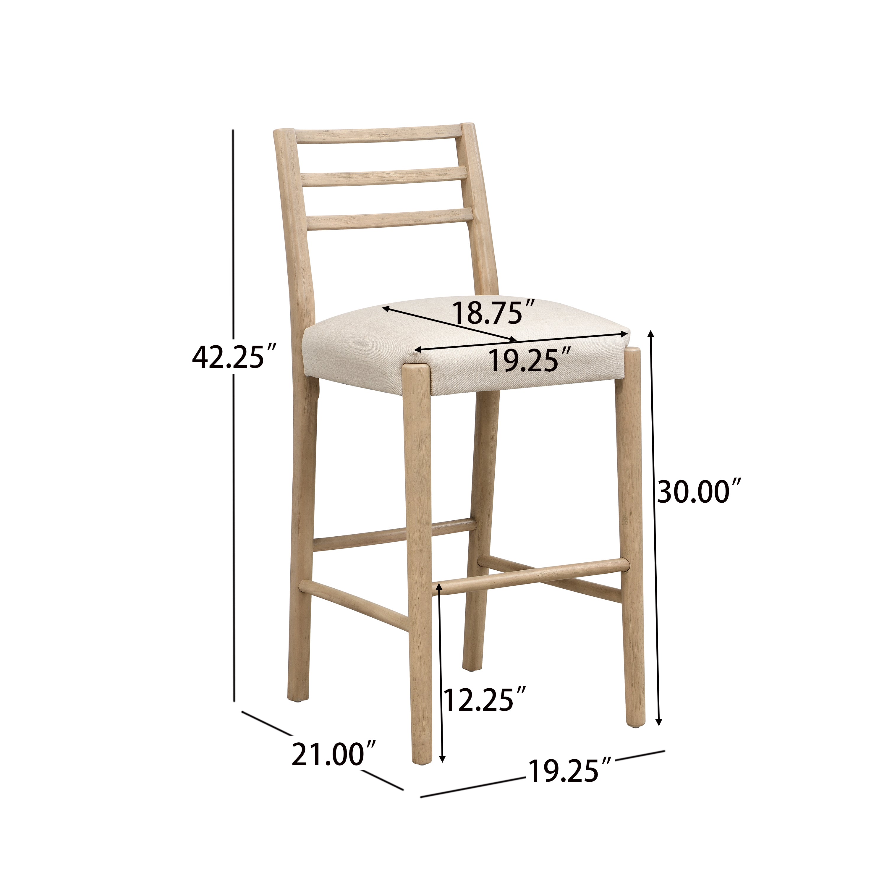 Dimension diagram of Ladder Back Bar Stool with measurements for height, width, and depth, ideal for planning dining space layout.