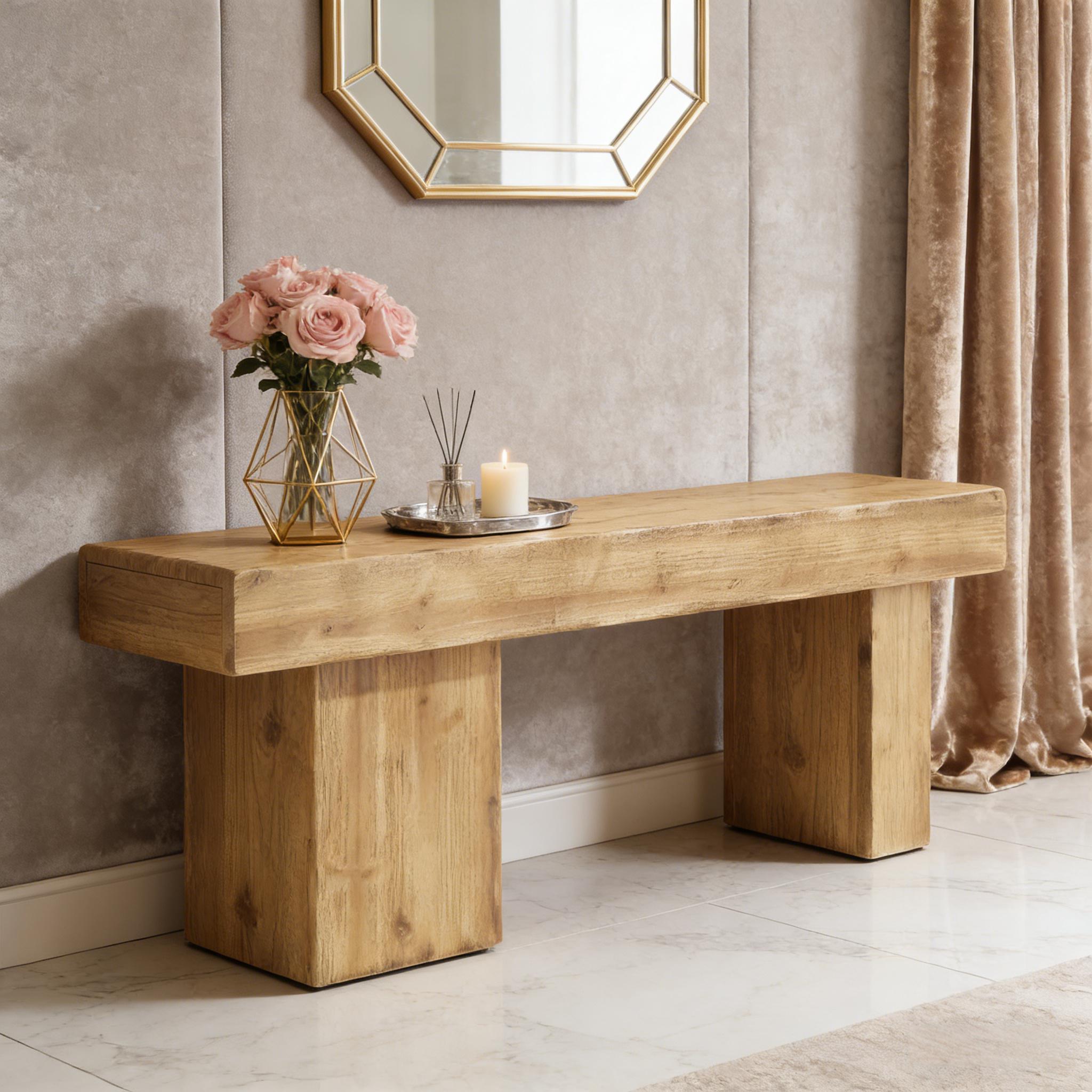 Modern rustic wooden entryway bench with thick, block-style legs, styled with a glass vase of pink roses and a candle.