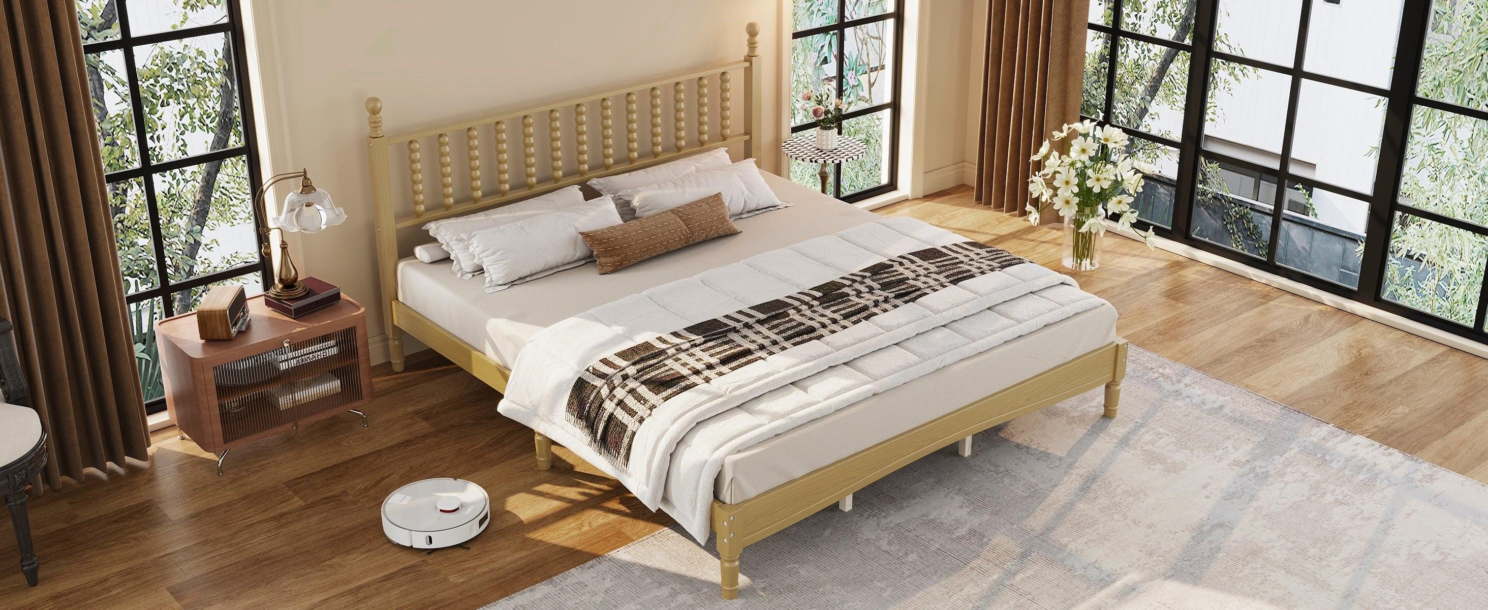 King Size Wood Platform Bed Featuring a Gourd Shaped Headboard.
