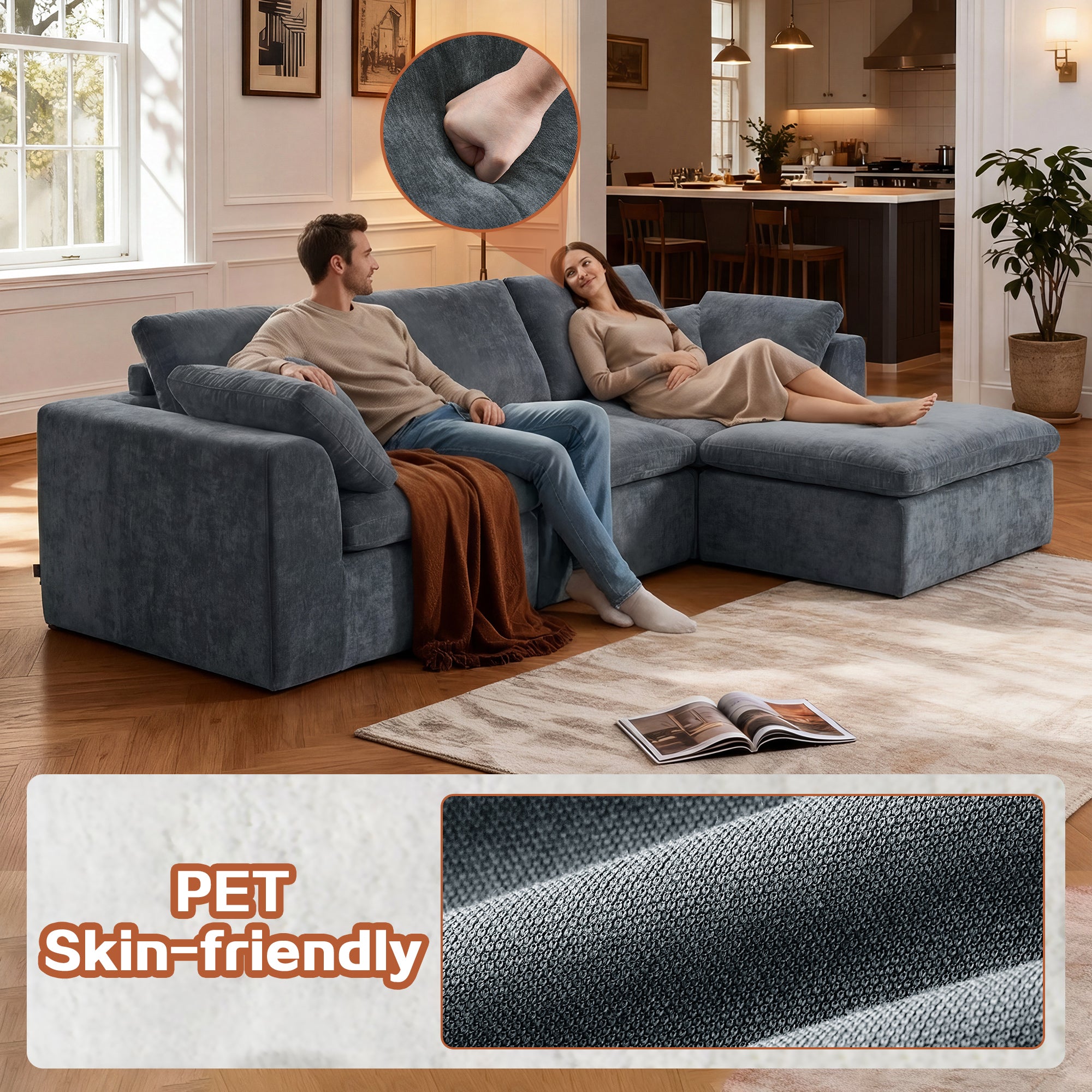 Modern Sectional Couch - Minimalist Sofa with pet-friendly, skin-safe chenille fabric, shown with a couple relaxing in a cozy living room setting.