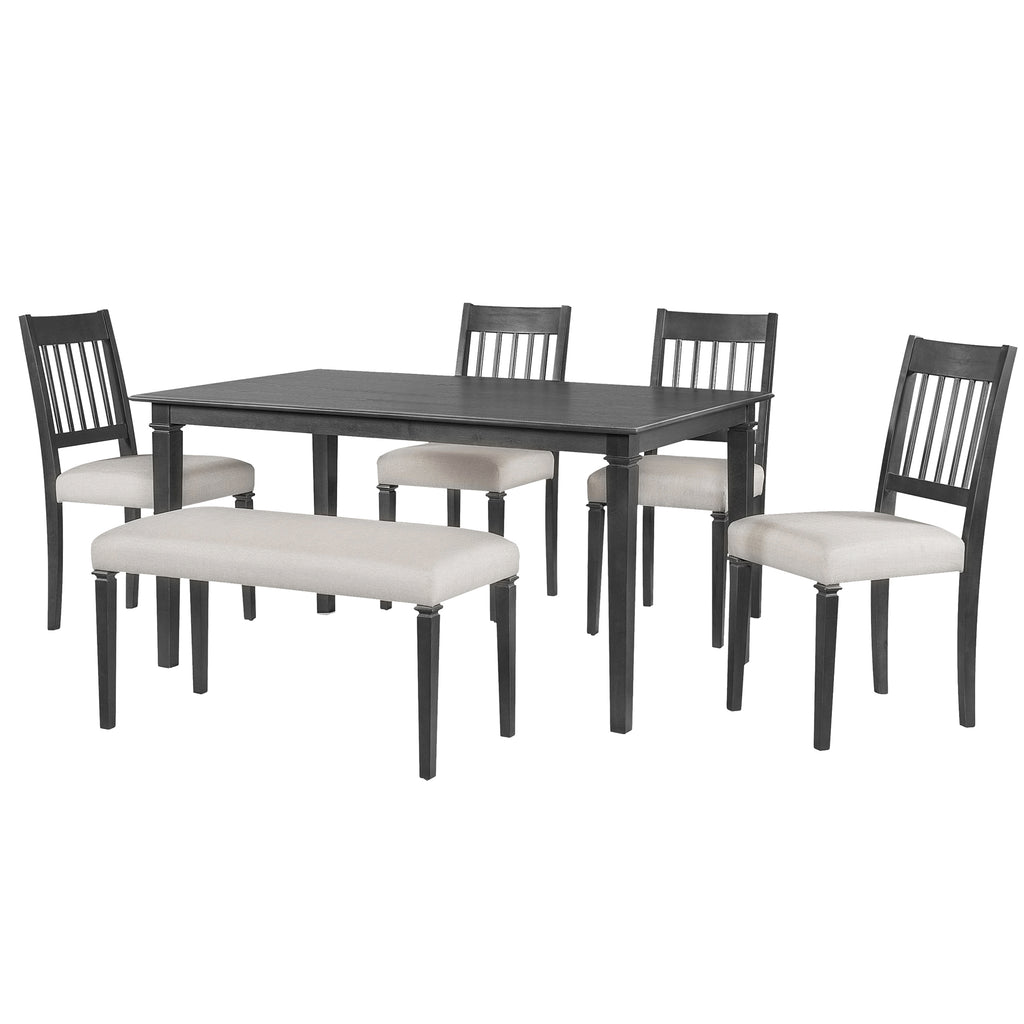 Full view of 6-piece retro dining set in dovetail gray with rectangular table, four chairs, and bench, ideal for stylish and compact dining areas.