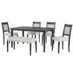 Full view of 6-piece retro dining set in dovetail gray with rectangular table, four chairs, and bench, ideal for stylish and compact dining areas.