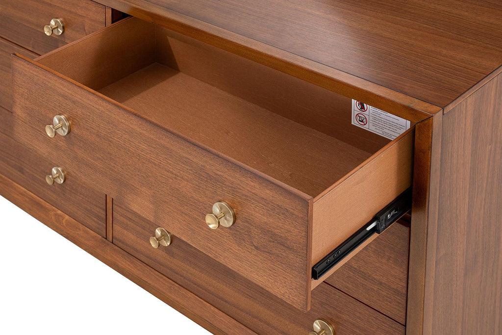 Walnut 6-Drawers Dresser with Gold-Capped Legs.