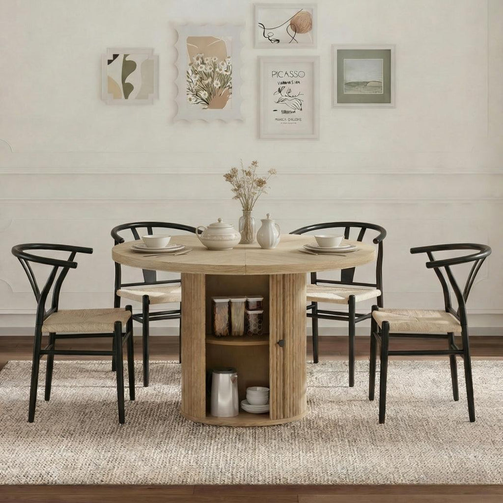 Black Woven Dining Chairs Set with Roman Column Table.