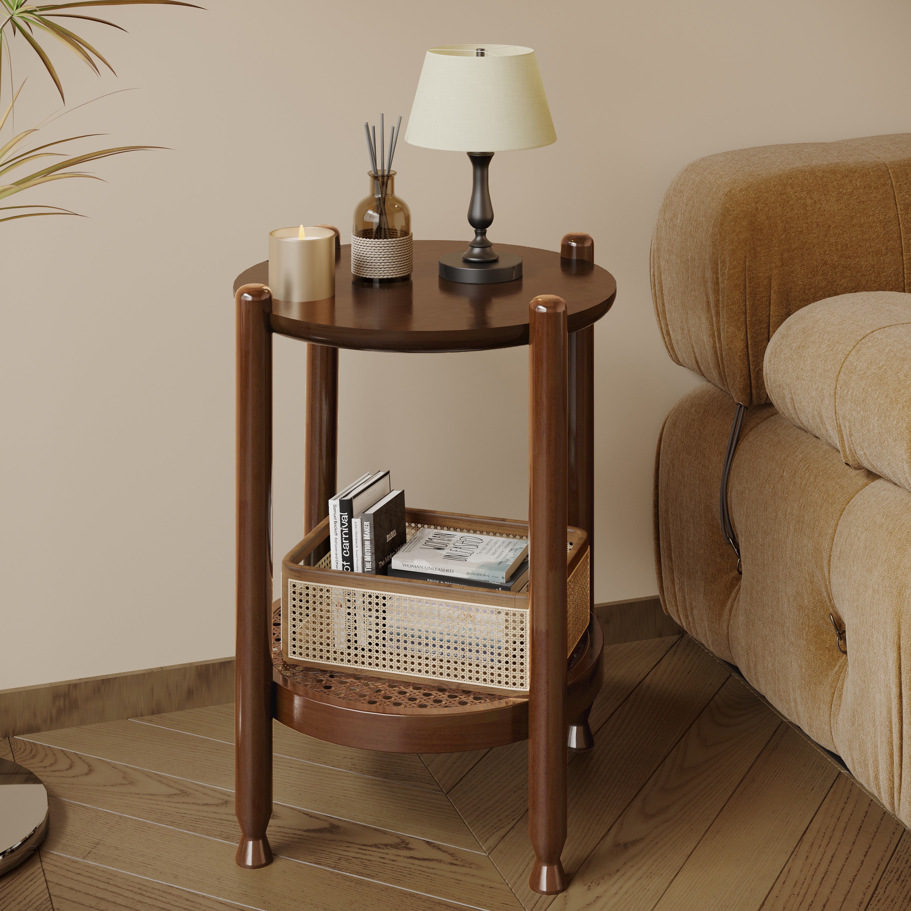NSdirect Round End Table for Living Room, 2-Tier Rustic Wood