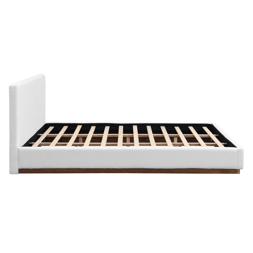 White Boucle Upholstered Bed - King Size with Solid Wood Frame.