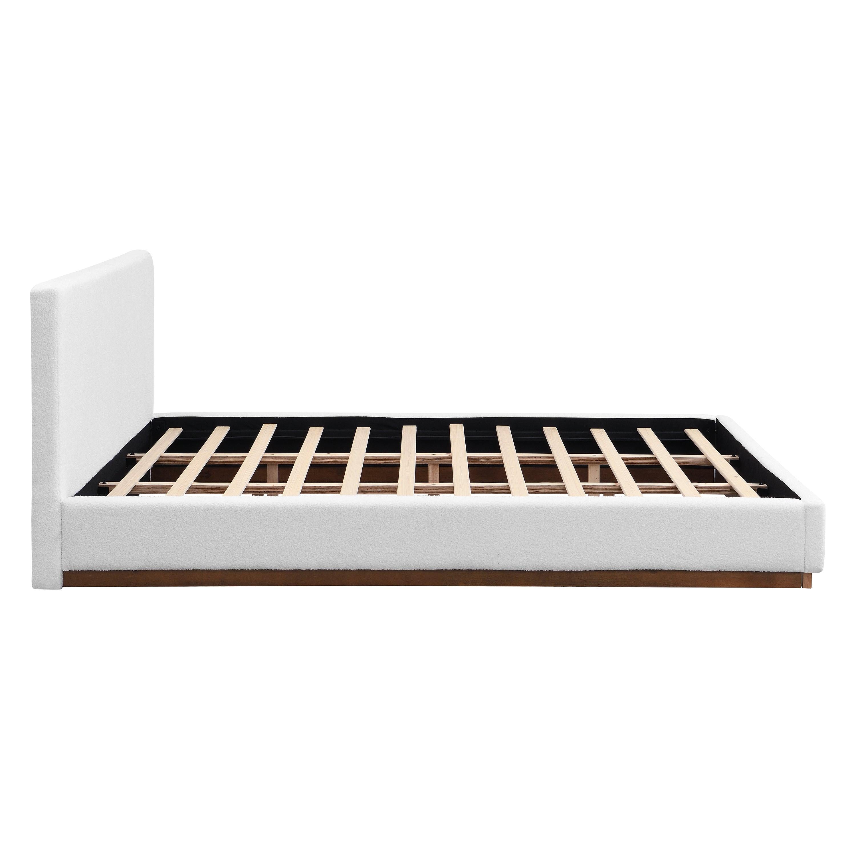 White Boucle Upholstered Bed - King Size with Solid Wood Frame.