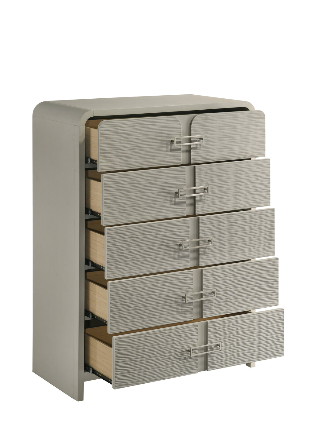 All five drawers of the Aria chest fully extended, highlighting the spacious interior and modern metal handles for easy access.