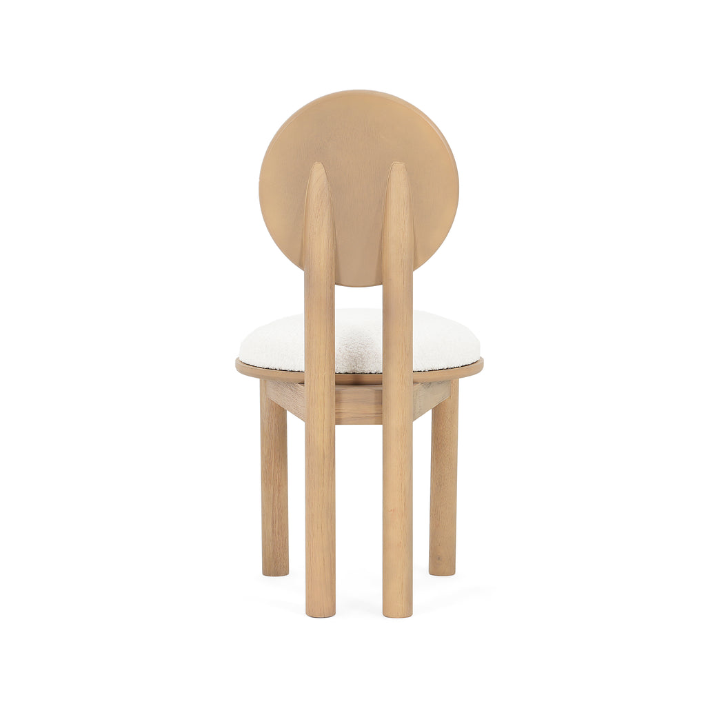 Back view of polyester dining chair showing solid wood frame and circular backrest design.