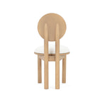 Back view of polyester dining chair showing solid wood frame and circular backrest design.