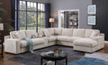Corner sectional sofa in beige chenille with chaise, USB ports, and cupholders in a modern living room setup.