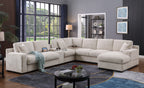 Corner sectional sofa in beige chenille with chaise, USB ports, and cupholders in a modern living room setup.