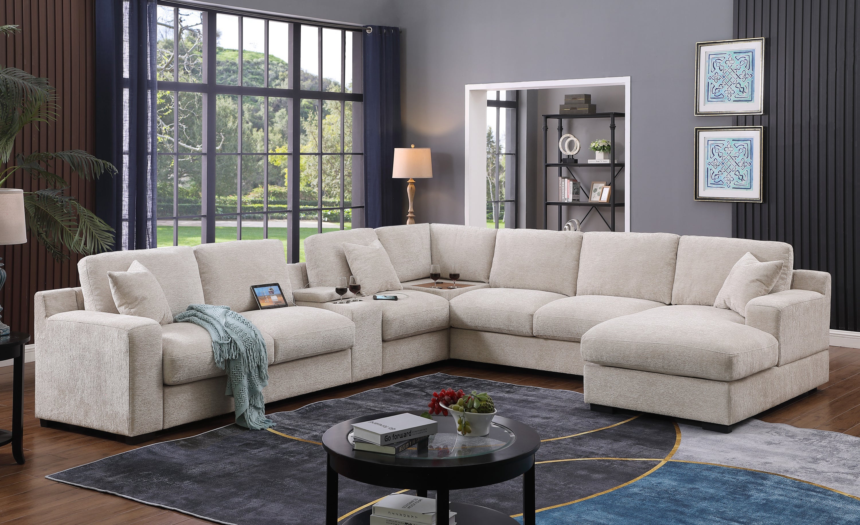 Corner sectional sofa in beige chenille with chaise, USB ports, and cupholders in a modern living room setup.