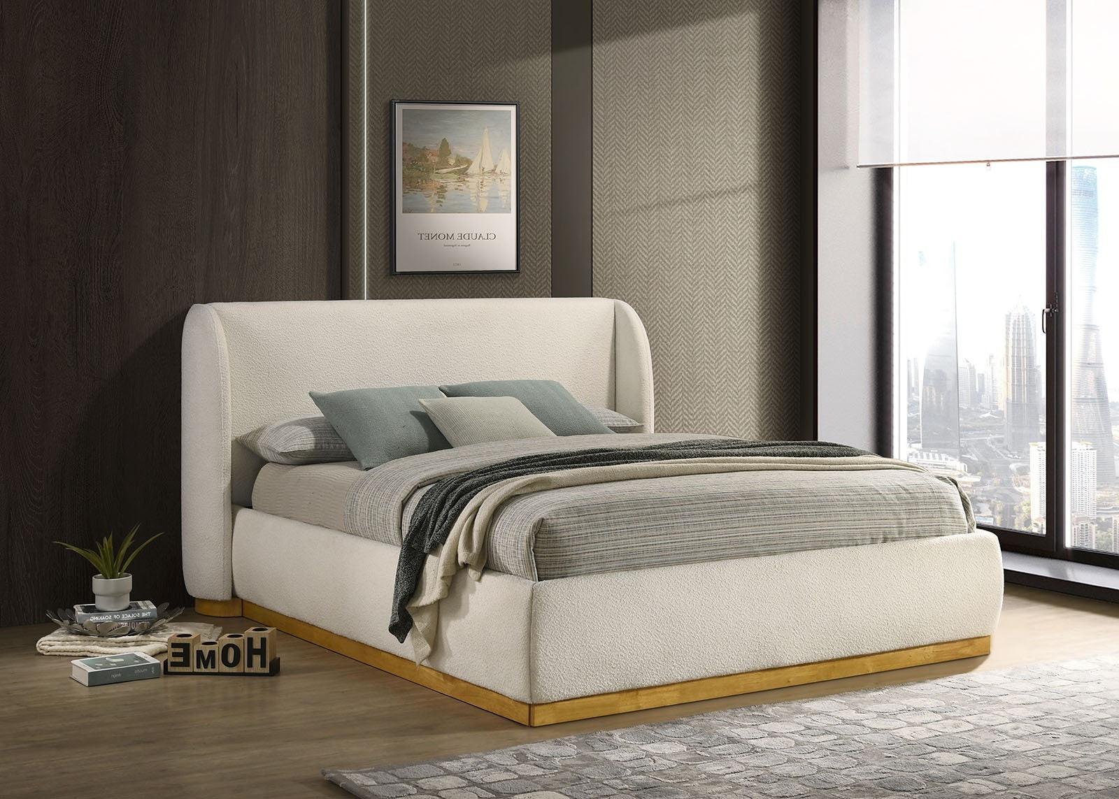 Queen Size Boucle Upholstered Bed with Wingback Headboard.