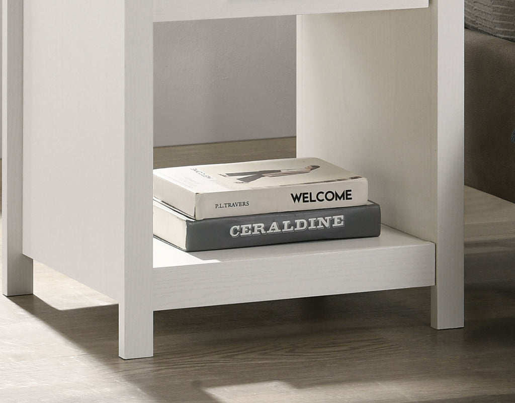 Bottom shelf of Celeste 1-Drawer Nightstand holding books. Open storage space enhances functionality in compact design.