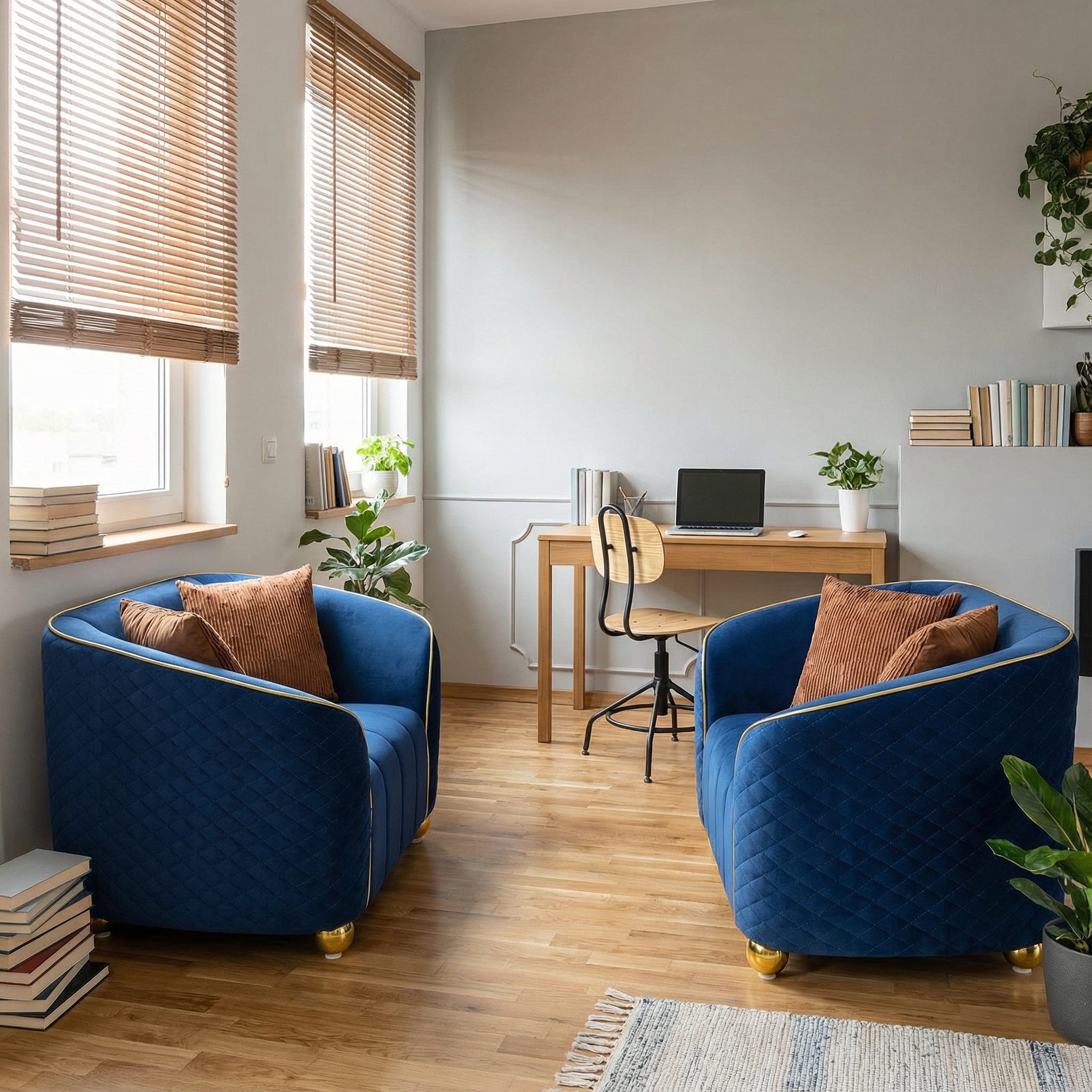 FX-P55-1S-RB1-2PCS Luxurious Quilted Blue Armchair.