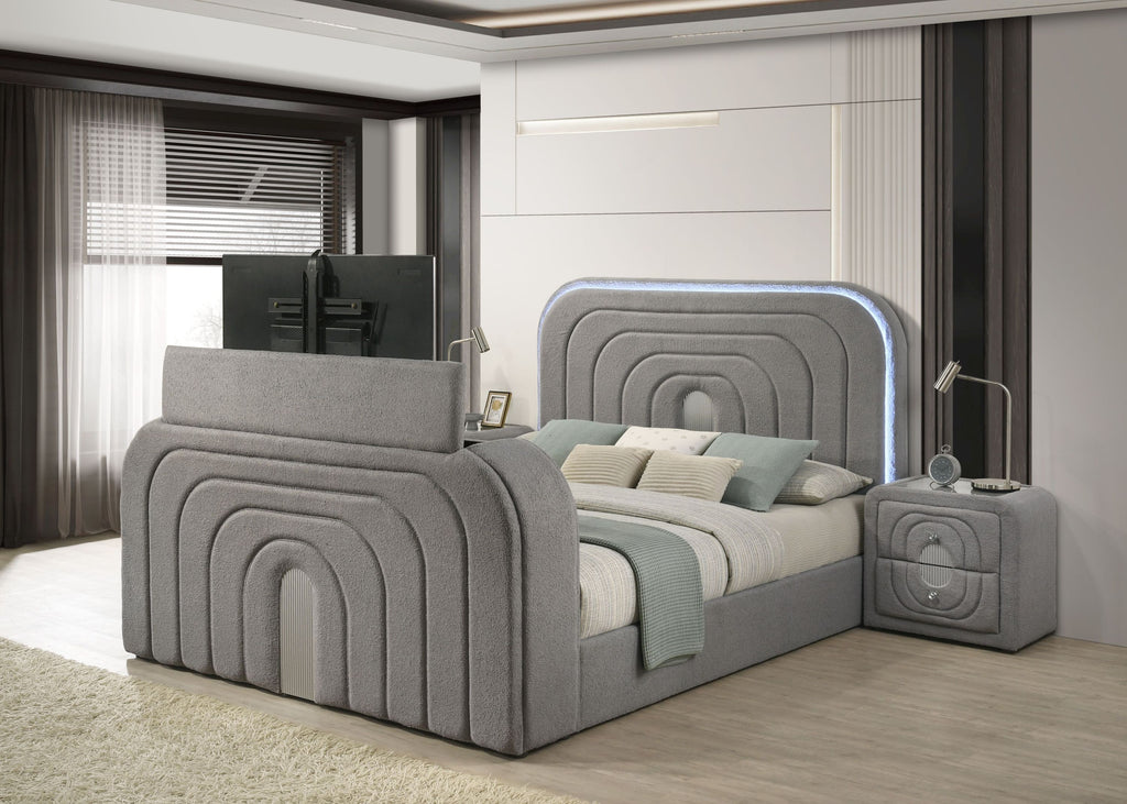 Gray Sherpa Bed with built-in TV stand, LED headboard lighting, and Bluetooth in a sleek, contemporary bedroom setting.