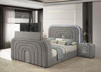 Gray Sherpa Bed with built-in TV stand, LED headboard lighting, and Bluetooth in a sleek, contemporary bedroom setting.