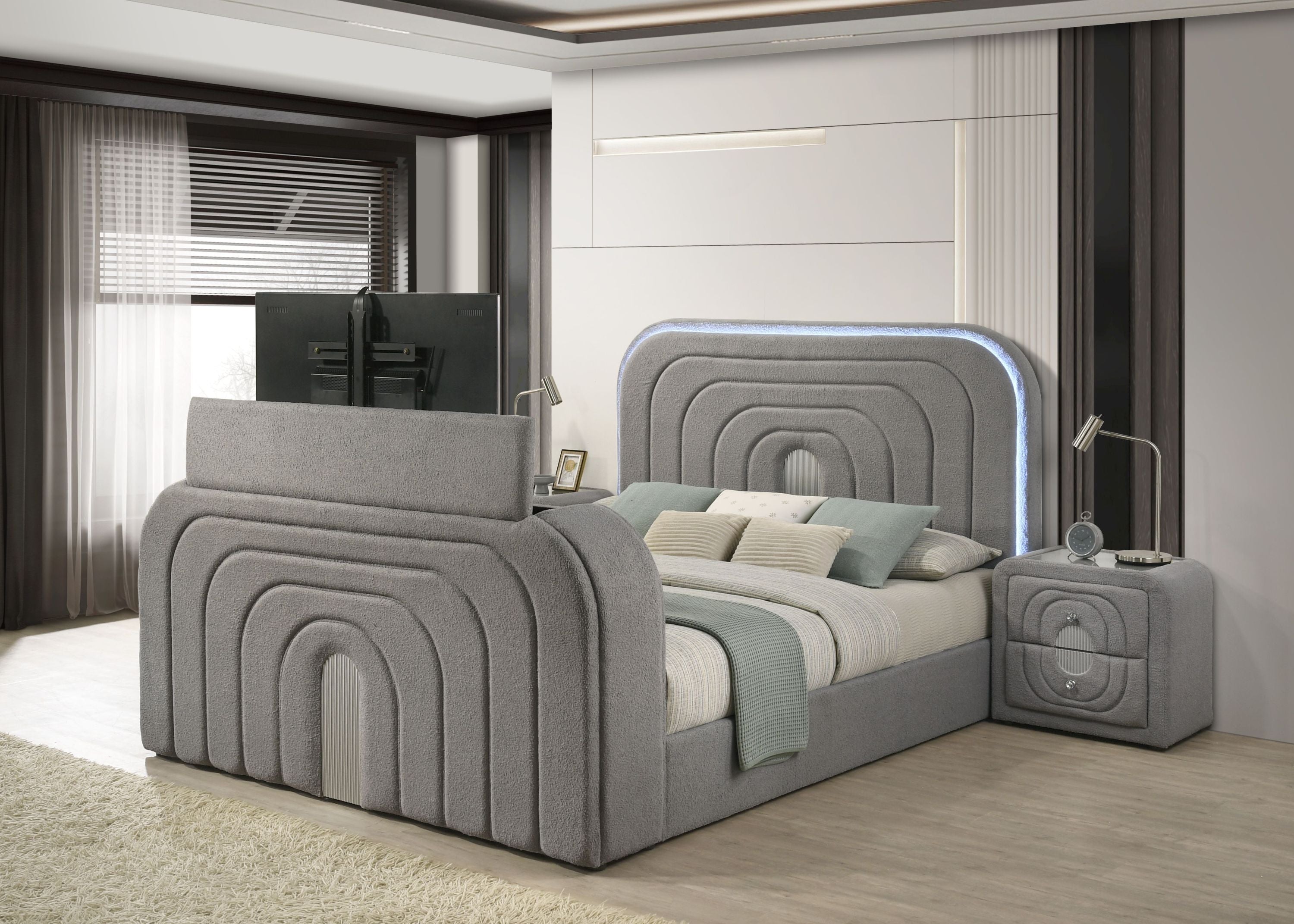 Gray Sherpa Bed with built-in TV stand, LED headboard lighting, and Bluetooth in a sleek, contemporary bedroom setting.