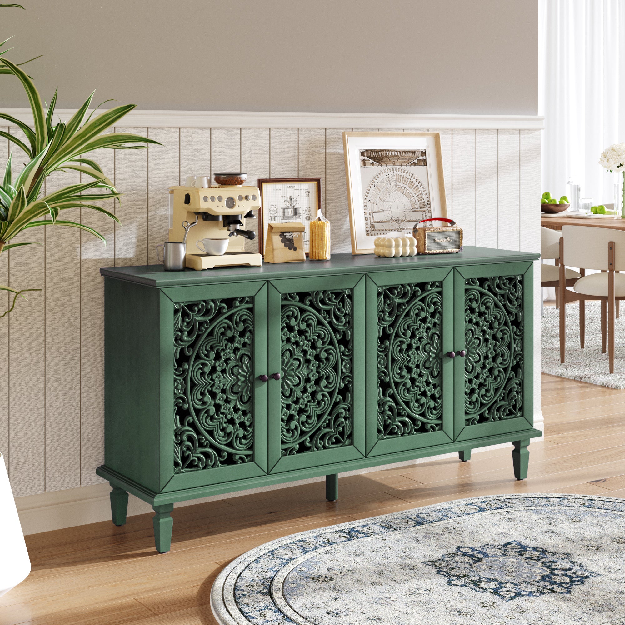60' Antique Buffet Cabinet with Floral Carvings with Solid Wood Legs&Antique Brass Handles&Adjustable Shelves, TV Stand for 65''+ TV, Sideboard for Living Room,Dining Room(Antique Green)