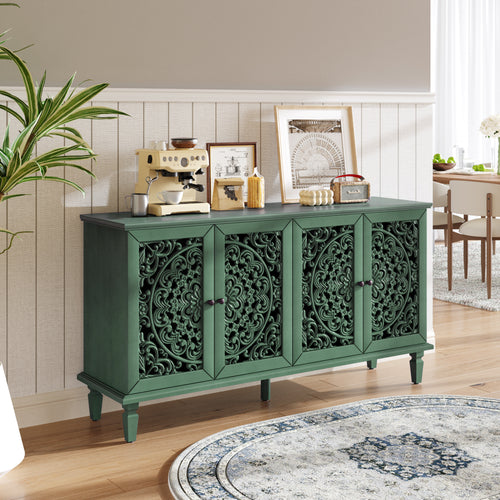 60' Antique Buffet Cabinet with Floral Carvings with Solid Wood Legs&Antique Brass Handles&Adjustable Shelves, TV Stand for 65''+ TV, Sideboard for Living Room,Dining Room(Antique Green)