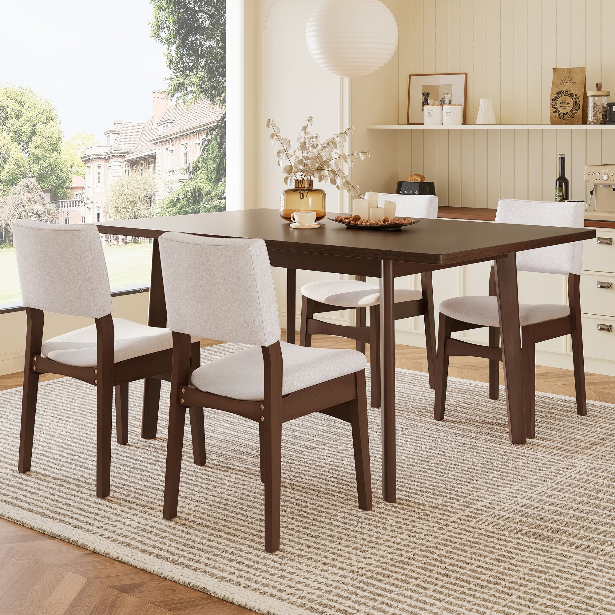 Modern wood dining set with upholstered chairs in a bright dining room. Space-saving design ideal for kitchens or small dining areas.