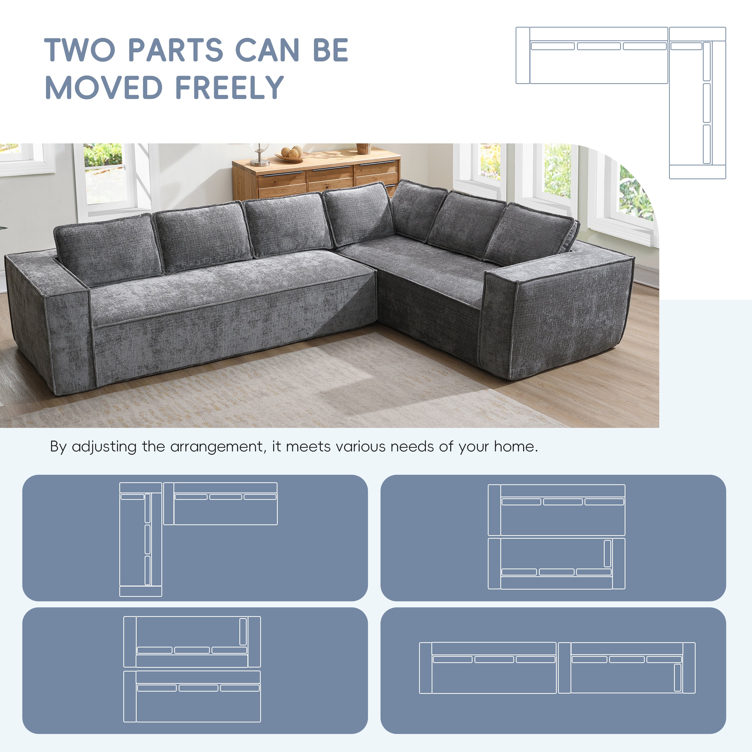 Modular sectional sofa - chenille 6-seater L-shape with layout options showing flexible configurations for different room styles.