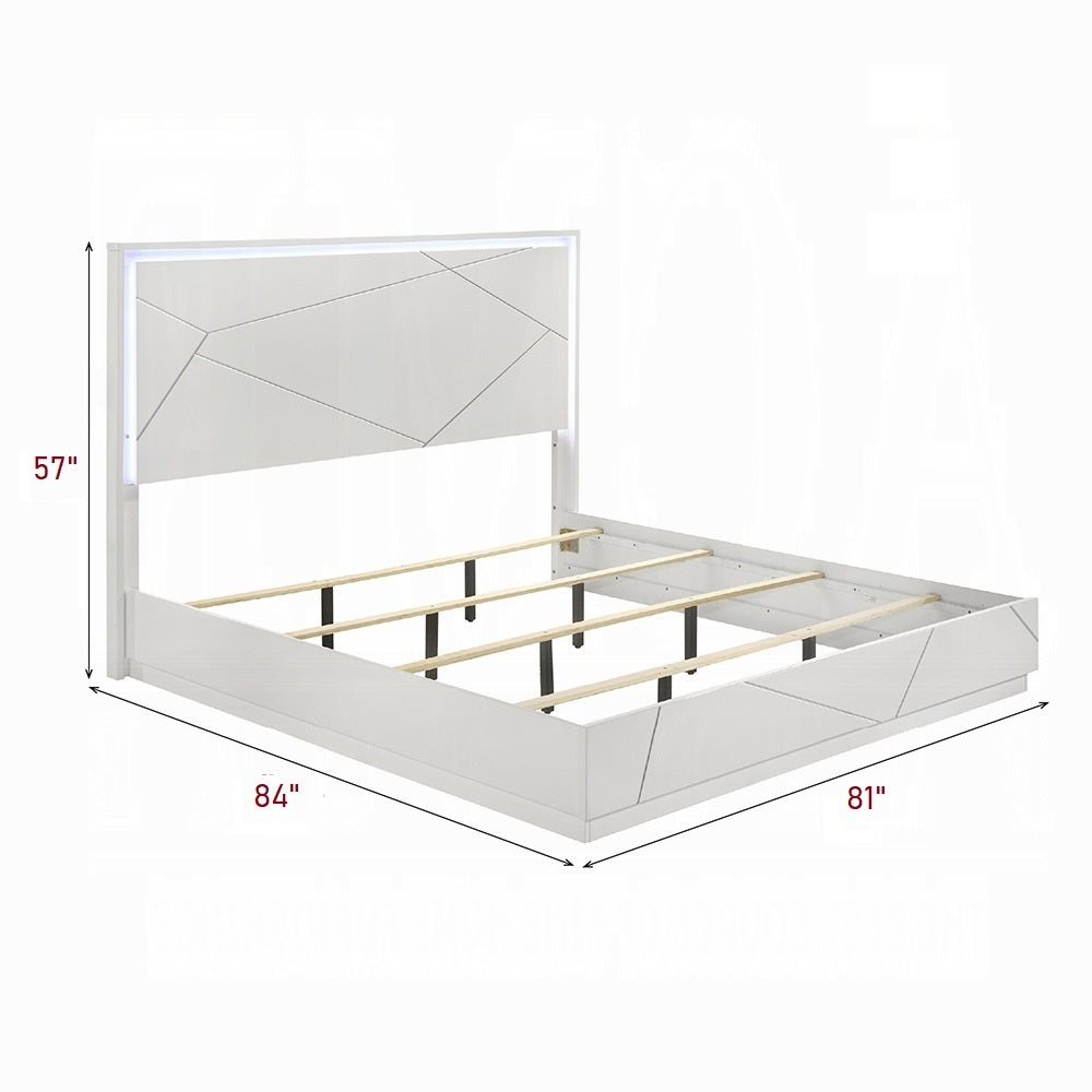 Dimensions of Contemporary King Bed w LED: 57 inches high, 84 inches deep, and 81 inches wide, with embossed geometric design.
