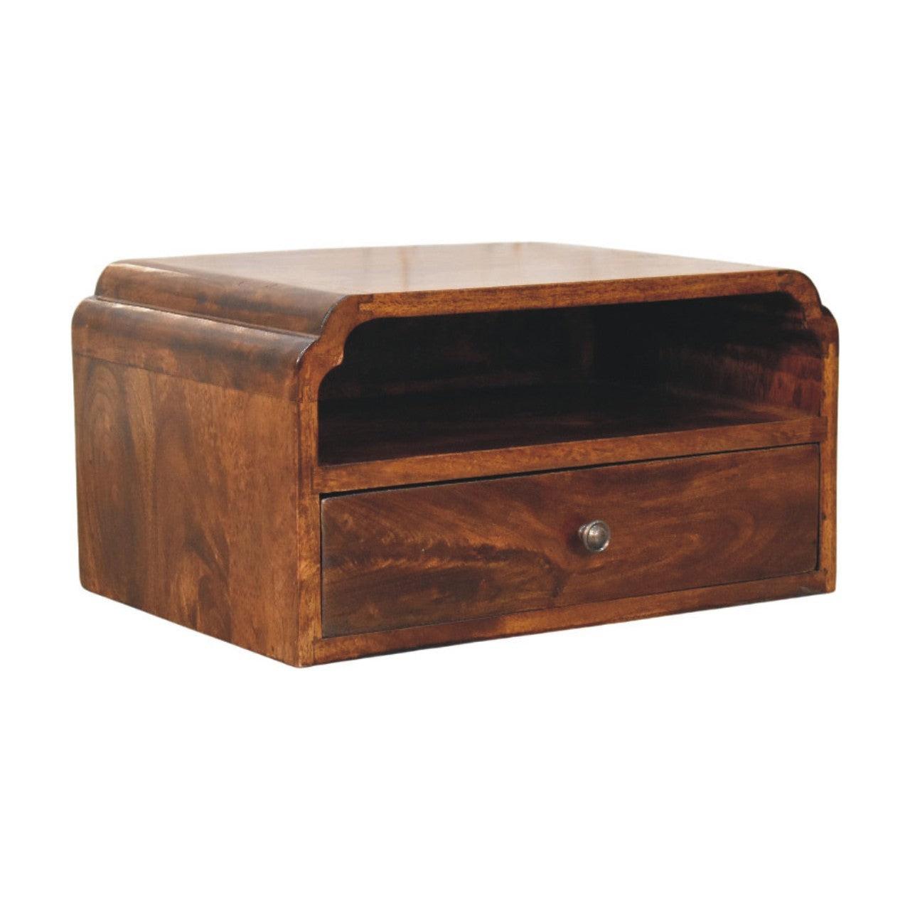 Solid Wood Wall-Mounted Chestnut Bedside Unit.