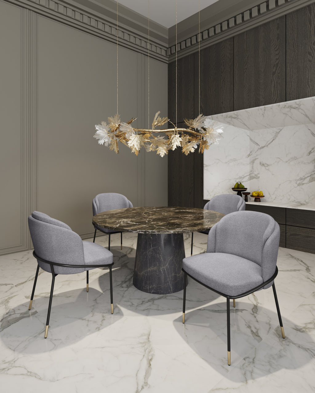 Set of Modern Grey Dining Chairs with Metal Base around a marble table in a luxury dining room, showcasing elegant and contemporary design.