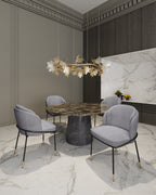 Set of Modern Grey Dining Chairs with Metal Base around a marble table in a luxury dining room, showcasing elegant and contemporary design.