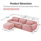 Plush modular sofa with throw pillows and movable ottoman in pink, shown with detailed product dimensions and 300lbs per seat weight capacity.